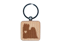 Yorkie Yorkshire Terrier Dog with Heart Engraved Wood Square Keychain Tag Charm