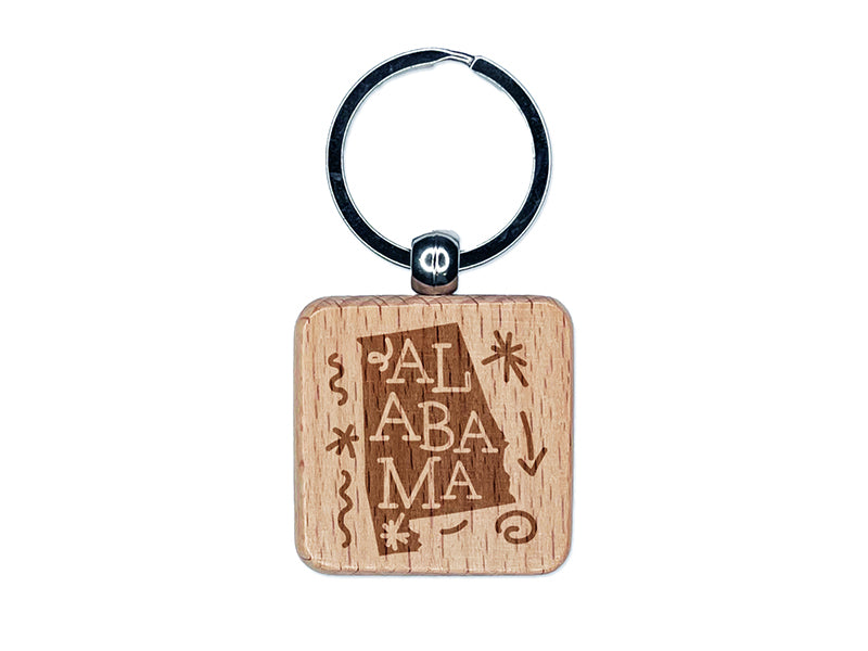 Alabama State with Text Swirls Engraved Wood Square Keychain Tag Charm