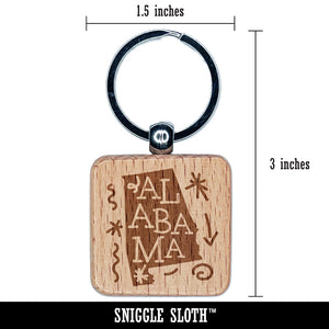 Alabama State with Text Swirls Engraved Wood Square Keychain Tag Charm