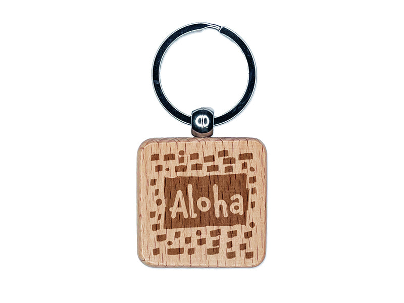 Aloha Hello Hawaiian Doodle Engraved Wood Square Keychain Tag Charm