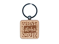 Aloha Hello Hawaiian Doodle Engraved Wood Square Keychain Tag Charm