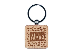 Aloha Hello Hawaiian Doodle Engraved Wood Square Keychain Tag Charm