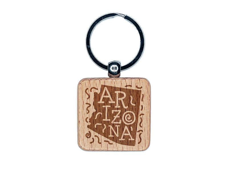 Arizona State with Text Swirls Engraved Wood Square Keychain Tag Charm