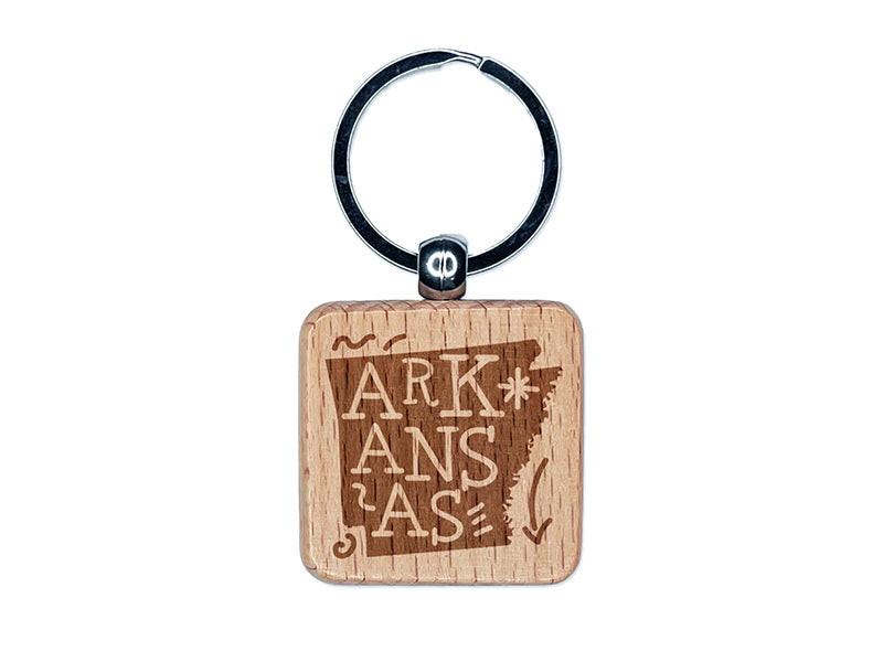 Arkansas State with Text Swirls Engraved Wood Square Keychain Tag Charm