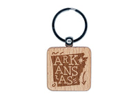 Arkansas State with Text Swirls Engraved Wood Square Keychain Tag Charm