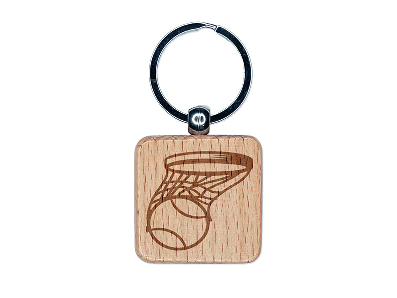 Basketball and Hoop Sketch Engraved Wood Square Keychain Tag Charm