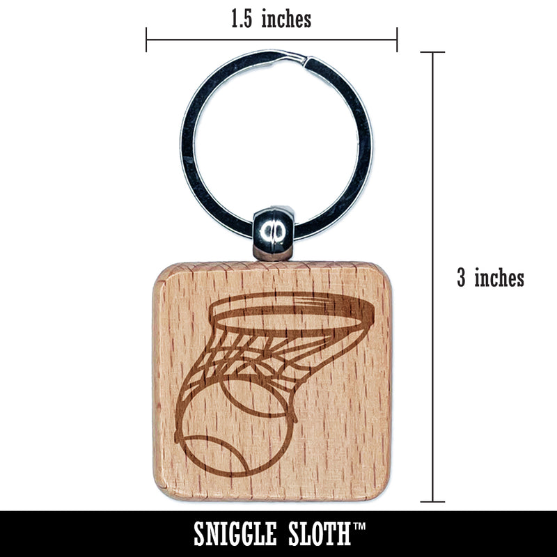 Basketball and Hoop Sketch Engraved Wood Square Keychain Tag Charm