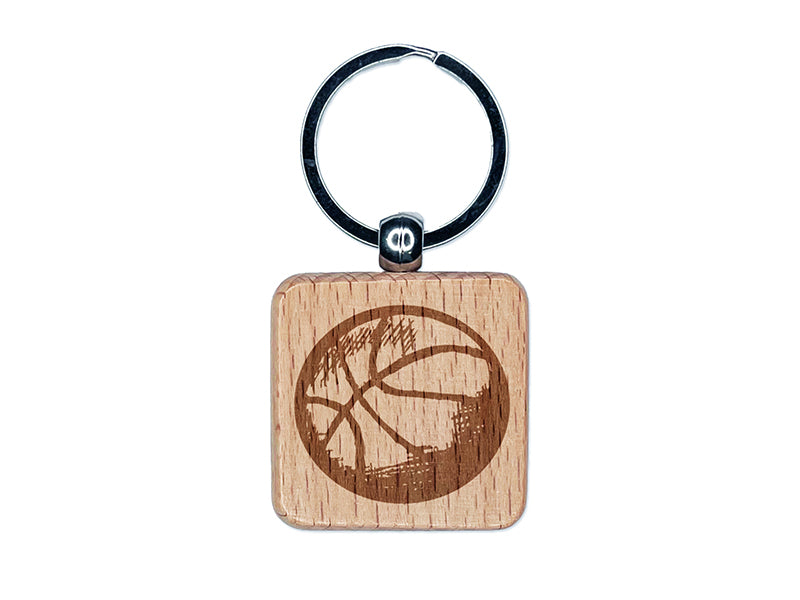 Basketball Sketch Engraved Wood Square Keychain Tag Charm