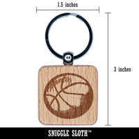 Basketball Sketch Engraved Wood Square Keychain Tag Charm