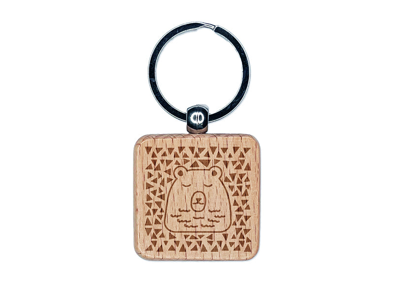 Bear Sleeping Doodle Engraved Wood Square Keychain Tag Charm