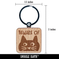 Beware of Cat Funny Doodle Engraved Wood Square Keychain Tag Charm