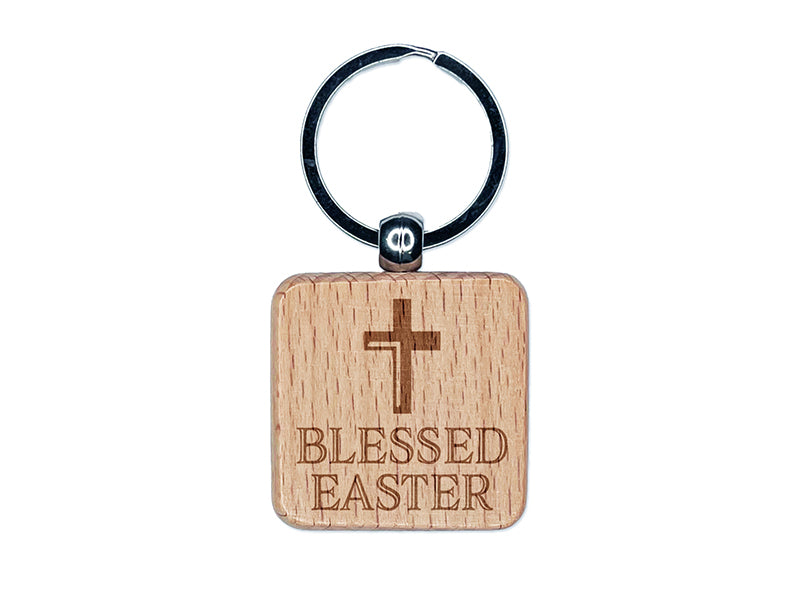 Blessed Easter Engraved Wood Square Keychain Tag Charm