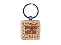 Bonjour Hello French Doodle Engraved Wood Square Keychain Tag Charm