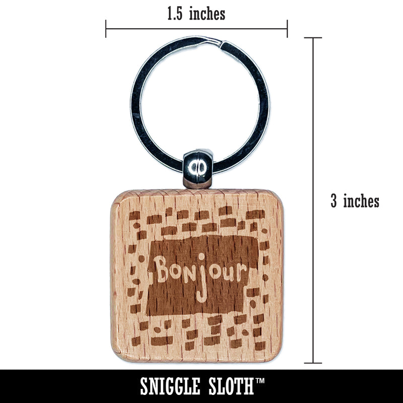 Bonjour Hello French Doodle Engraved Wood Square Keychain Tag Charm