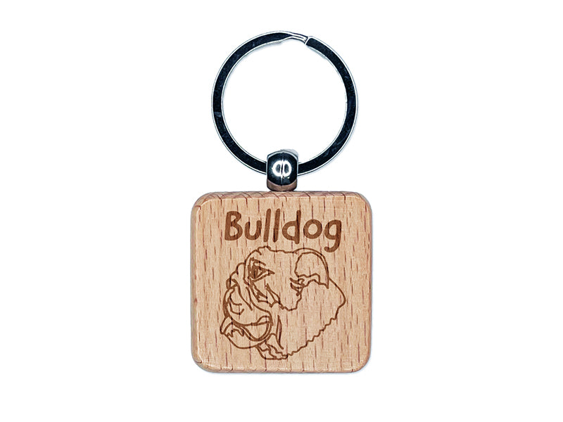 Bulldog Face Profile Sketch Engraved Wood Square Keychain Tag Charm