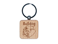 Bulldog Face Profile Sketch Engraved Wood Square Keychain Tag Charm