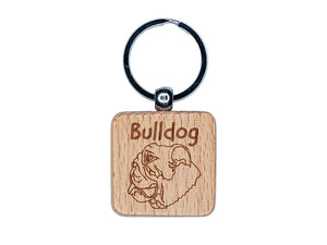 Bulldog Face Profile Sketch Engraved Wood Square Keychain Tag Charm