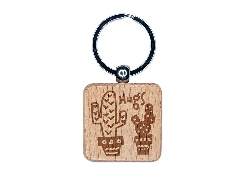 Cactus Hugs Doodle Engraved Wood Square Keychain Tag Charm