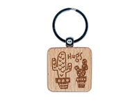 Cactus Hugs Doodle Engraved Wood Square Keychain Tag Charm