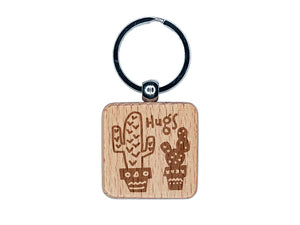 Cactus Hugs Doodle Engraved Wood Square Keychain Tag Charm