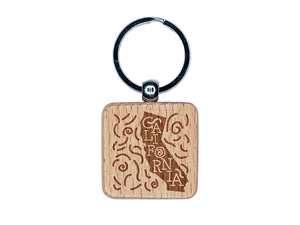 California State with Text Swirls Engraved Wood Square Keychain Tag Charm