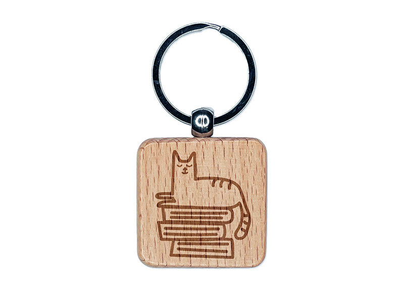 Cat and Books Reading Doodle Engraved Wood Square Keychain Tag Charm