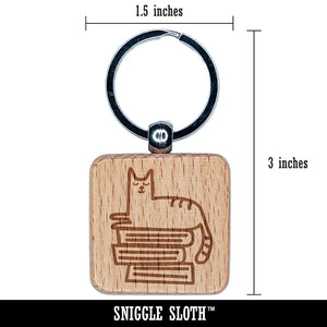 Cat and Books Reading Doodle Engraved Wood Square Keychain Tag Charm