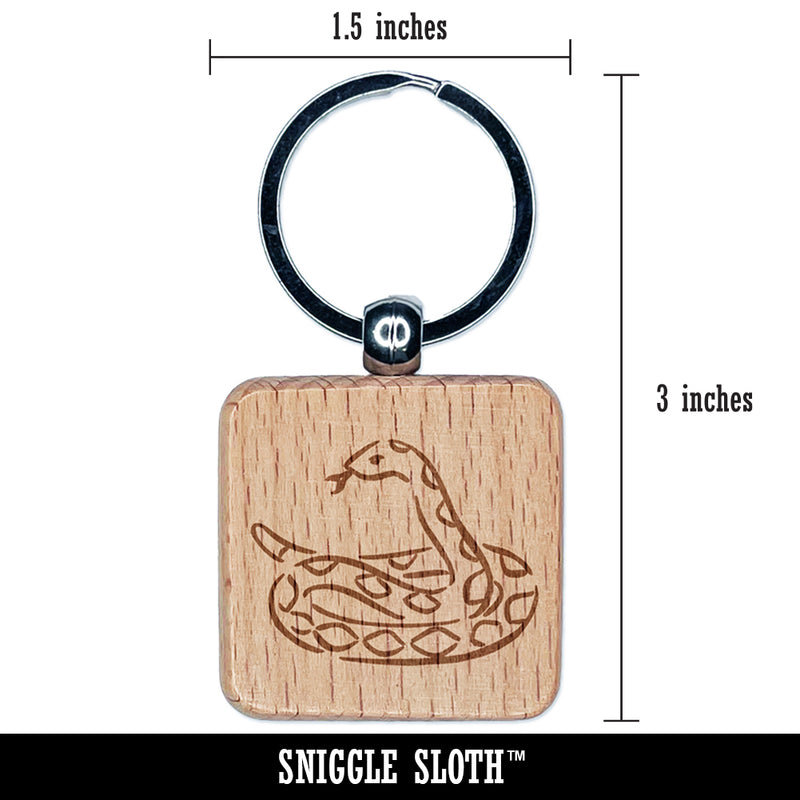 Coiled Snake Forked Tongue Engraved Wood Square Keychain Tag Charm