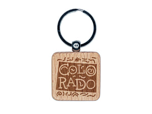 Colorado State with Text Swirls Engraved Wood Square Keychain Tag Charm