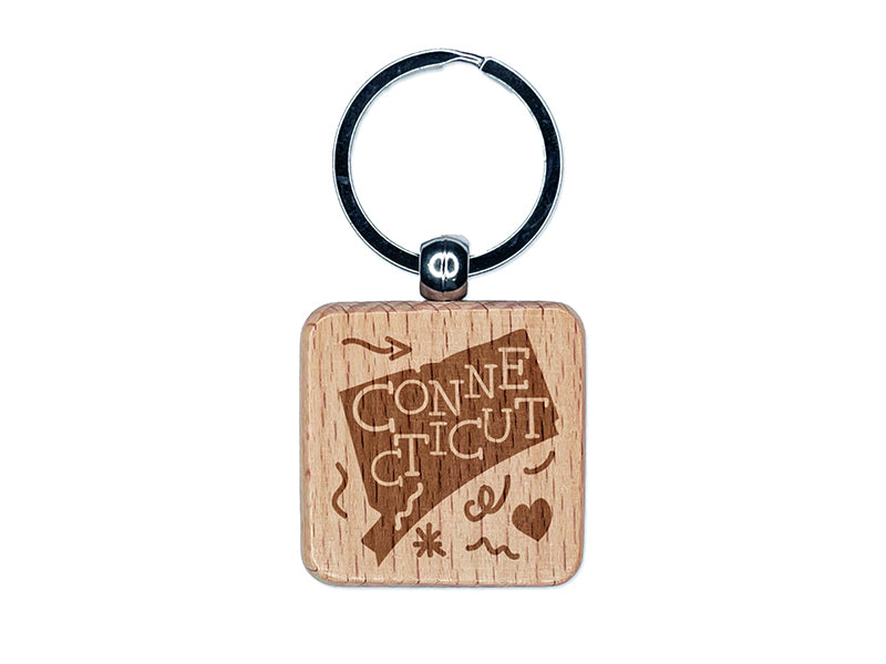 Connecticut State with Text Swirls Engraved Wood Square Keychain Tag Charm