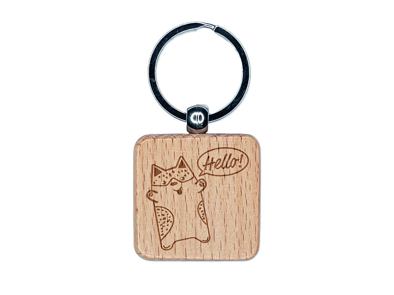 Corgi Dog Hello Doodle Engraved Wood Square Keychain Tag Charm