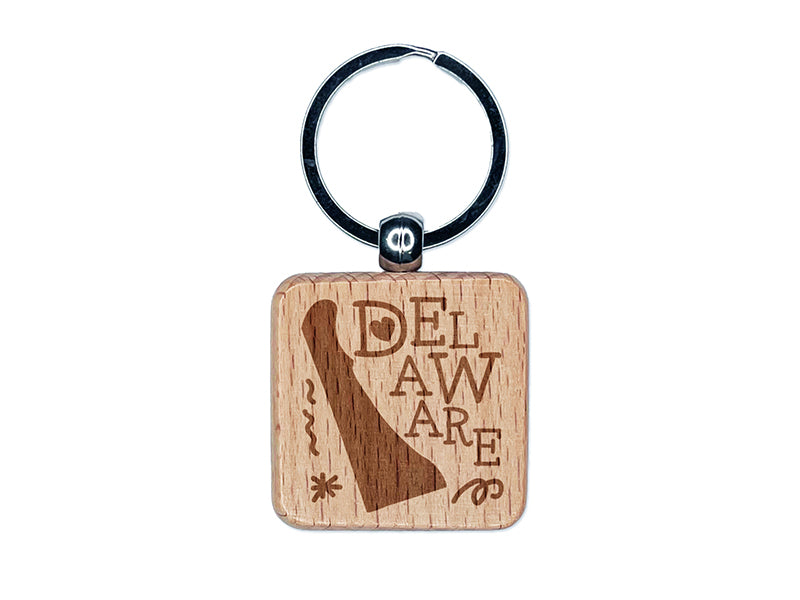 Delaware State with Text Swirls Engraved Wood Square Keychain Tag Charm