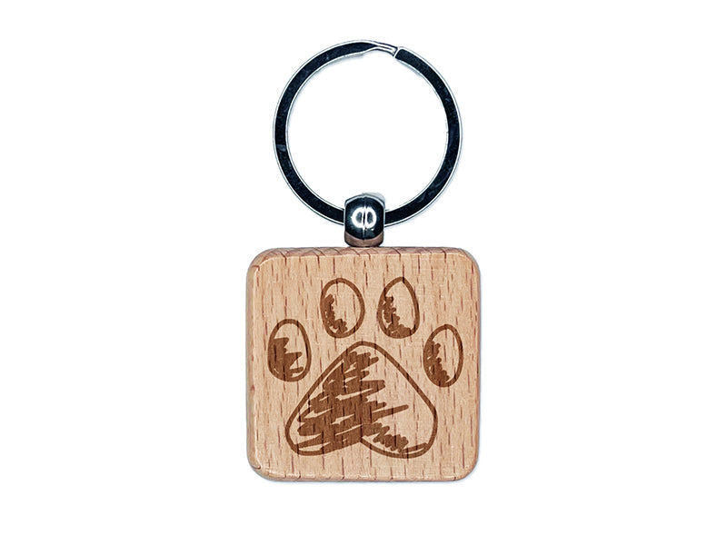 Dog Paw Sketch Engraved Wood Square Keychain Tag Charm