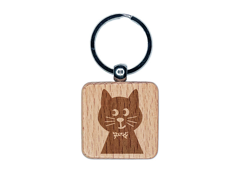Fancy Cat with Bow Tie Engraved Wood Square Keychain Tag Charm