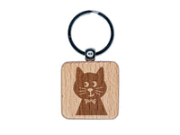 Fancy Cat with Bow Tie Engraved Wood Square Keychain Tag Charm