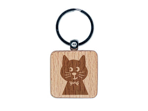 Fancy Cat with Bow Tie Engraved Wood Square Keychain Tag Charm
