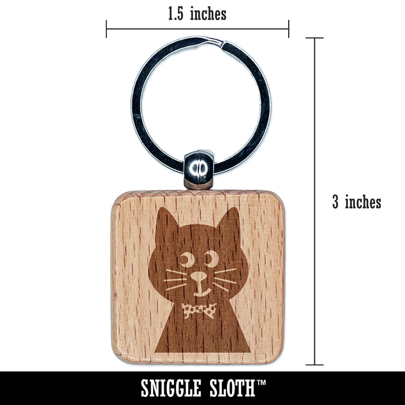 Fancy Cat with Bow Tie Engraved Wood Square Keychain Tag Charm