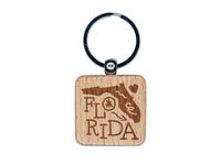 Florida State with Text Swirls Engraved Wood Square Keychain Tag Charm