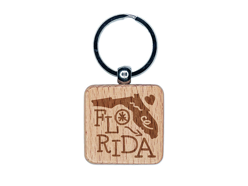 Florida State with Text Swirls Engraved Wood Square Keychain Tag Charm