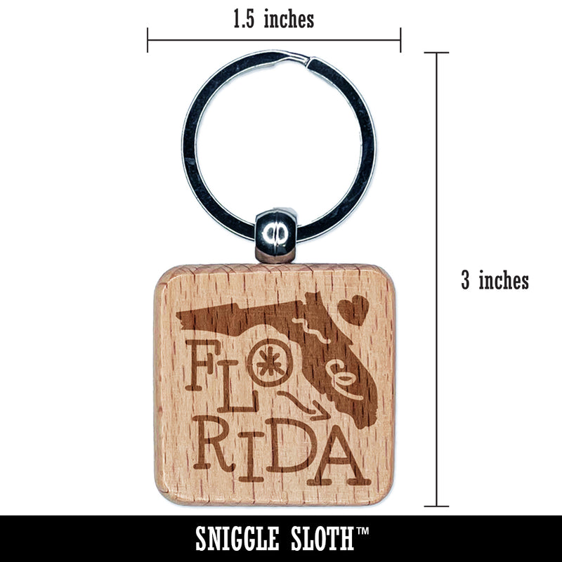 Florida State with Text Swirls Engraved Wood Square Keychain Tag Charm