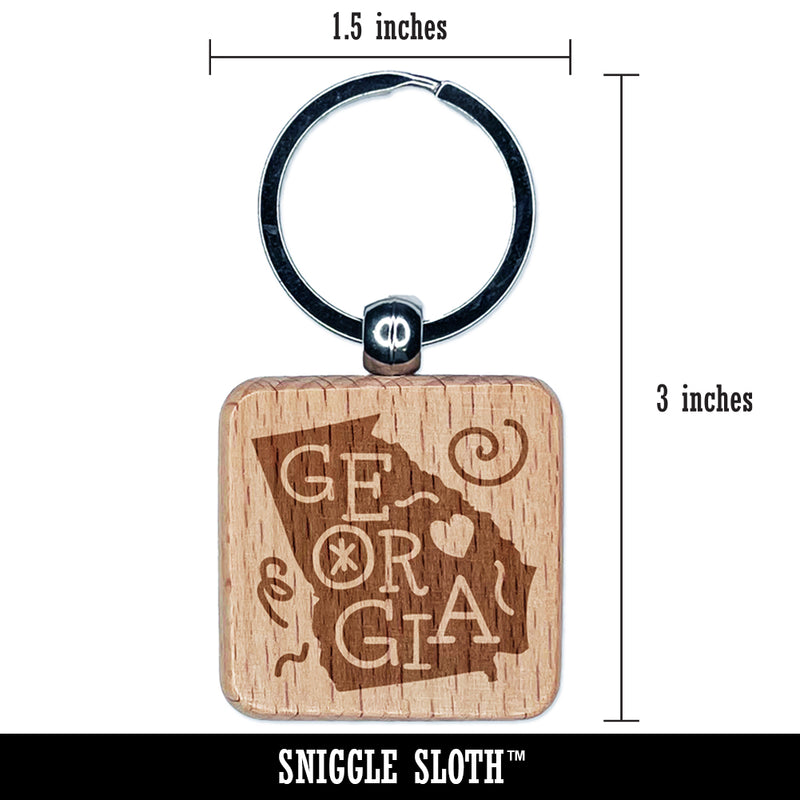 Georgia State with Text Swirls Engraved Wood Square Keychain Tag Charm