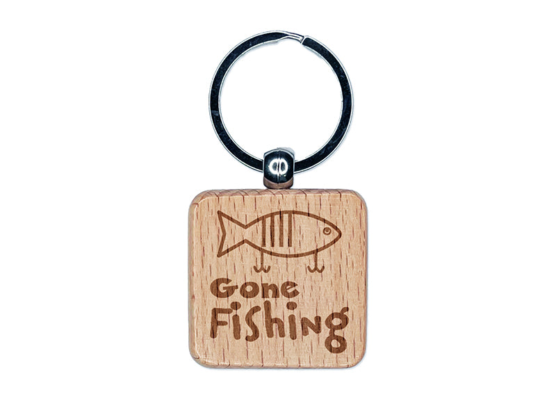 Gone Fishing Lure Fun Text Engraved Wood Square Keychain Tag Charm
