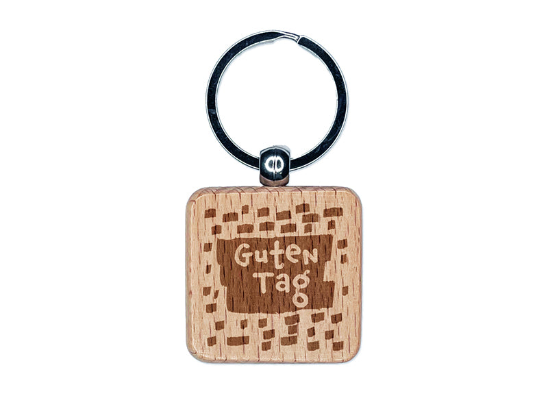 Guten Tag Hello German Doodle Engraved Wood Square Keychain Tag Charm