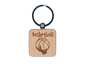 Hand Holding Basketball Abstract Engraved Wood Square Keychain Tag Charm