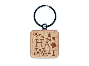 Hawaii State with Text Swirls Engraved Wood Square Keychain Tag Charm