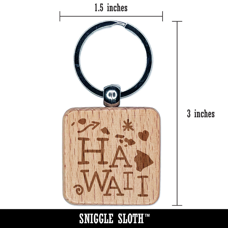 Hawaii State with Text Swirls Engraved Wood Square Keychain Tag Charm