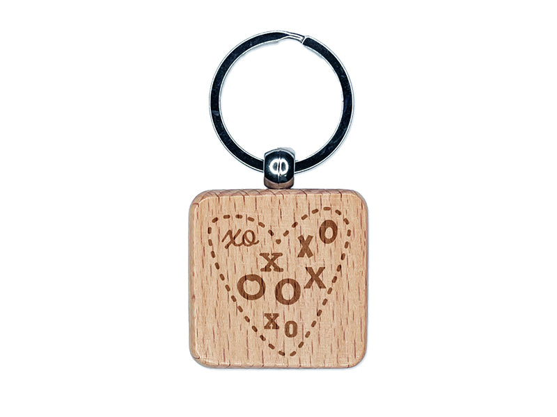 Heart XO Love Engraved Wood Square Keychain Tag Charm