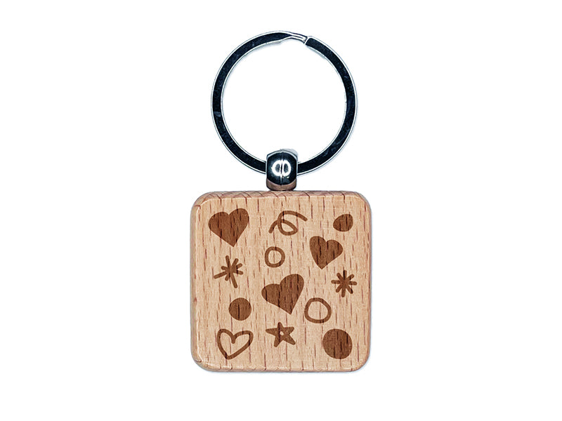 Hearts Dots Squiggles Celebration Background Engraved Wood Square Keychain Tag Charm