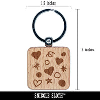 Hearts Dots Squiggles Celebration Background Engraved Wood Square Keychain Tag Charm