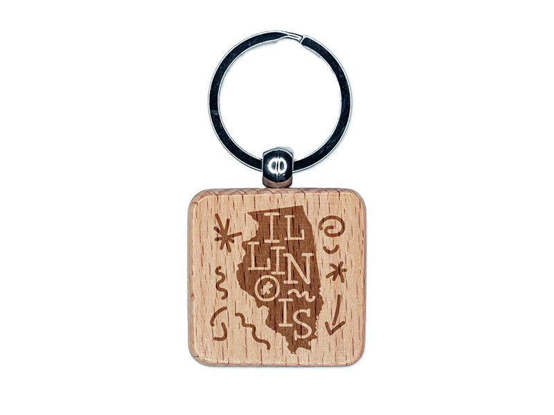 Illinois State with Text Swirls Engraved Wood Square Keychain Tag Charm